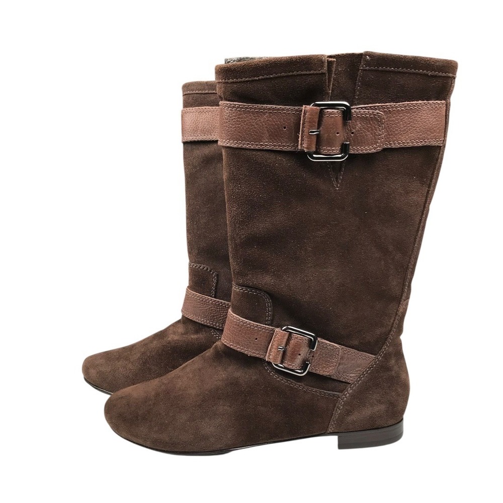 Marc Fisher Women Brown Suede Buckle Knee High‎ Boots Flat Heel Size 7.5 SU